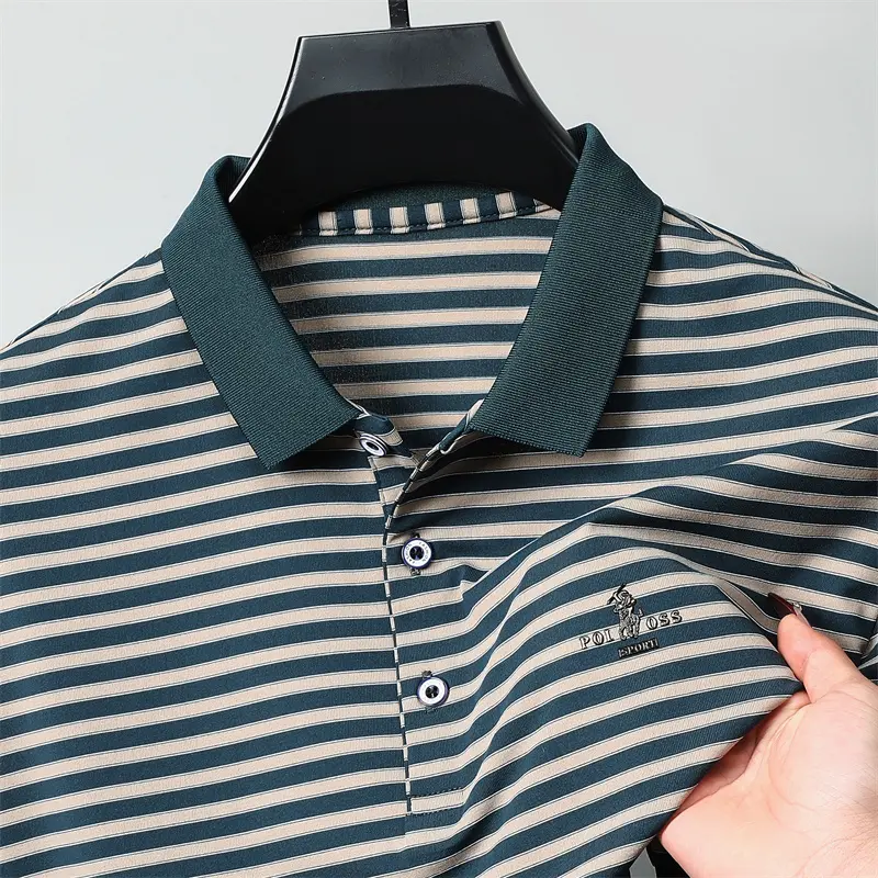 High end brand symbol emboss short sleeve polo shirt light luxury striped T-shirt summer breathable comfortable new men's top