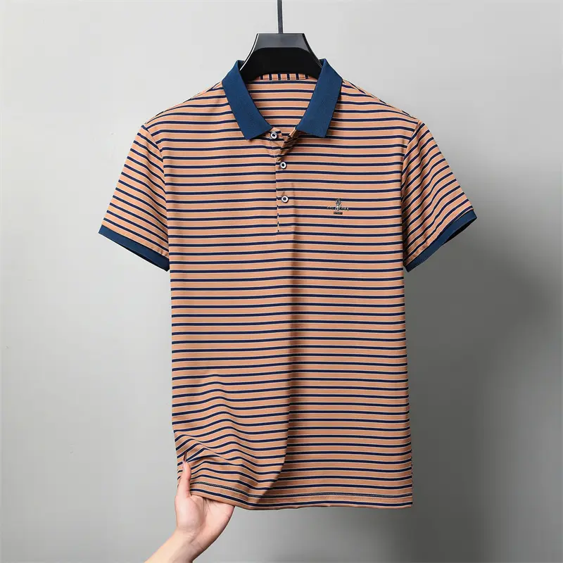 High end brand symbol emboss short sleeve polo shirt light luxury striped T-shirt summer breathable comfortable new men's top