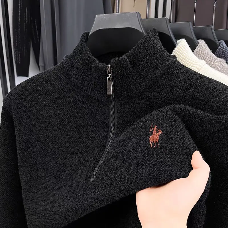 High quality half zipper knitted sweater men fashion luxury brand embroidery designer new top plush warm thick casual men's wear