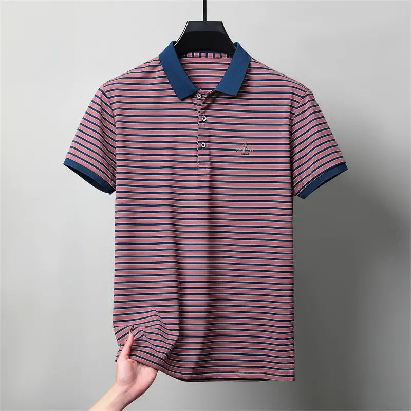 High end brand symbol emboss short sleeve polo shirt light luxury striped T-shirt summer breathable comfortable new men's top