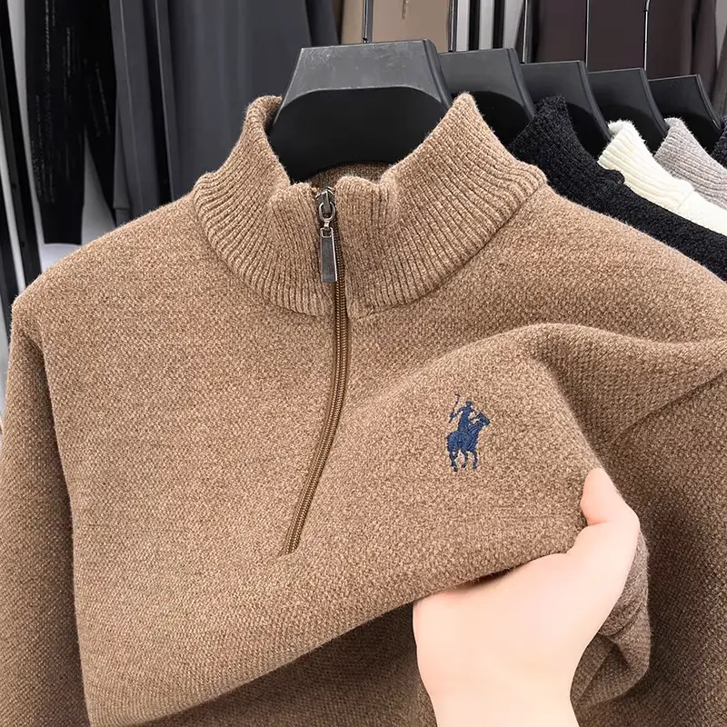 High quality half zipper knitted sweater men fashion luxury brand embroidery designer new top plush warm thick casual men's wear
