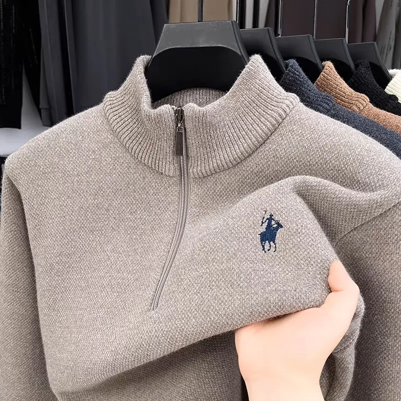 High quality half zipper knitted sweater men fashion luxury brand embroidery designer new top plush warm thick casual men's wear