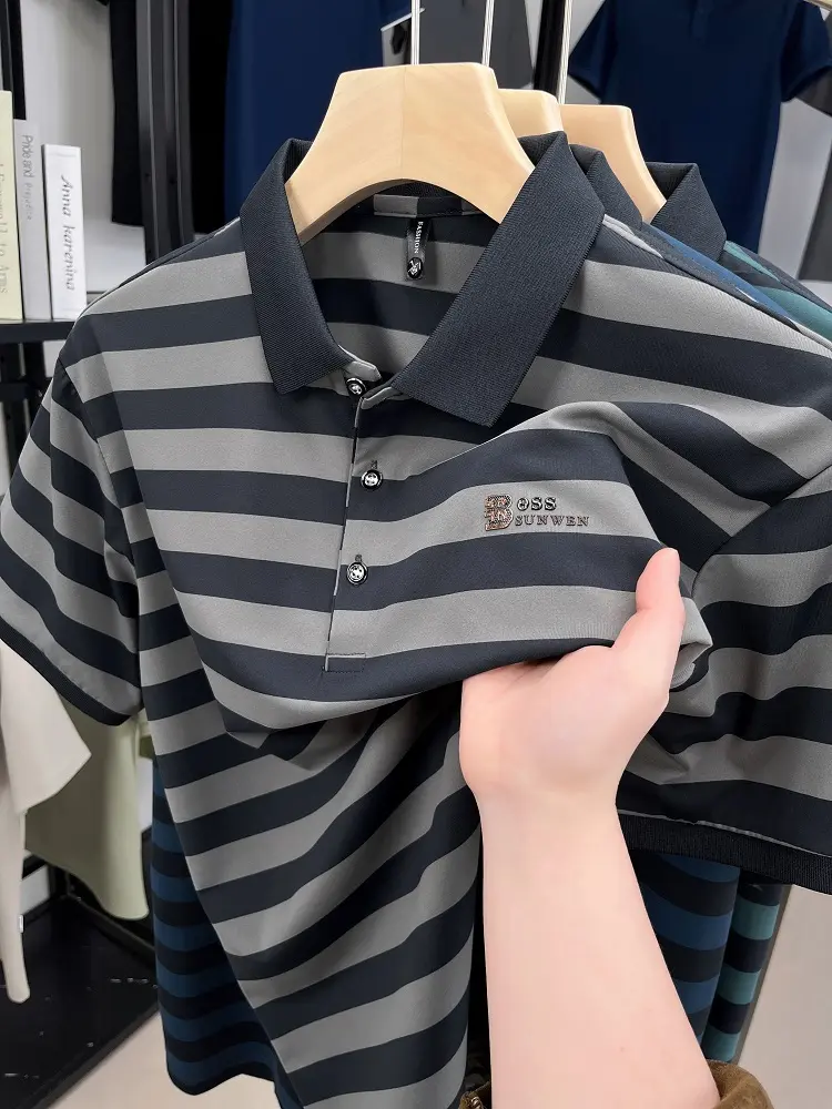 Luxury brand embroidered short sleeve polo shirt summer high-end silk lapel T-shirt trendy striped casual business men's wear