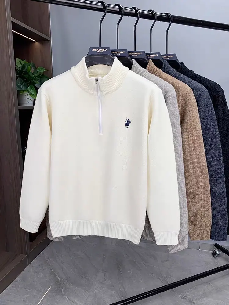 High quality half zipper knitted sweater men fashion luxury brand embroidery designer new top plush warm thick casual men's wear