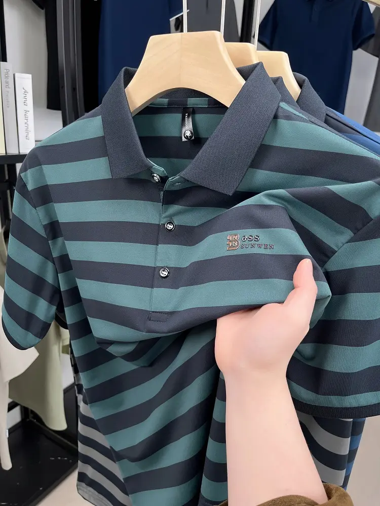 Luxury brand embroidered short sleeve polo shirt summer high-end silk lapel T-shirt trendy striped casual business men's wear