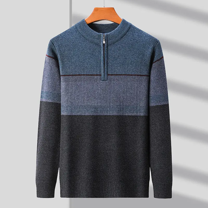 Advanced luxury autumn winter half zipper high neck contrasting color personalized men's sweater warm thick knitted pullover