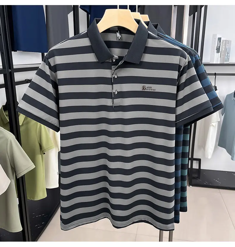 Luxury brand embroidered short sleeve polo shirt summer high-end silk lapel T-shirt trendy striped casual business men's wear