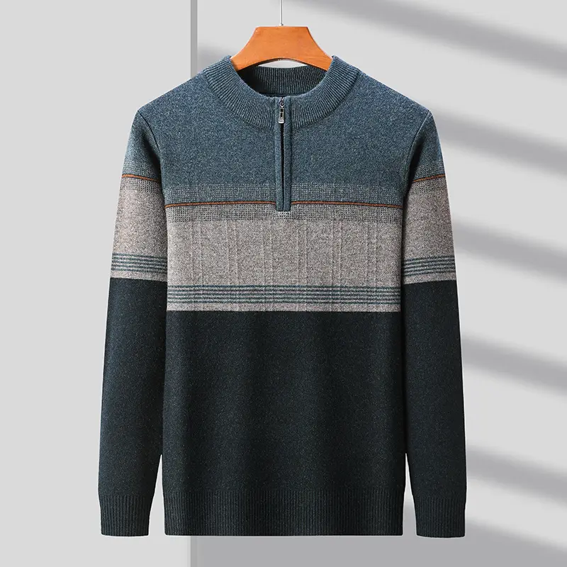 Advanced luxury autumn winter half zipper high neck contrasting color personalized men's sweater warm thick knitted pullover