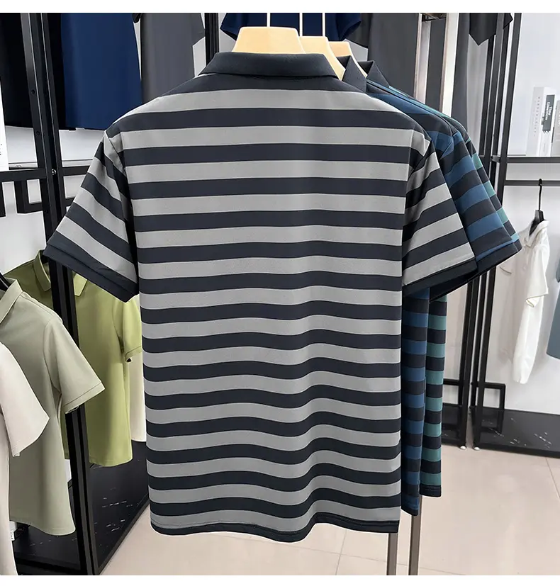 Luxury brand embroidered short sleeve polo shirt summer high-end silk lapel T-shirt trendy striped casual business men's wear