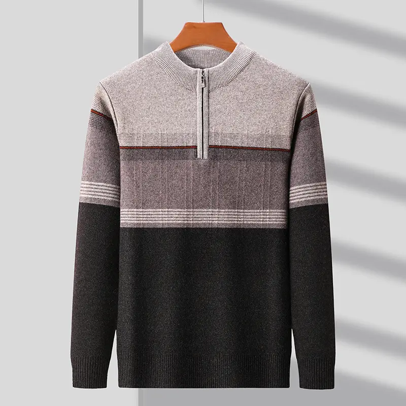Advanced luxury autumn winter half zipper high neck contrasting color personalized men's sweater warm thick knitted pullover