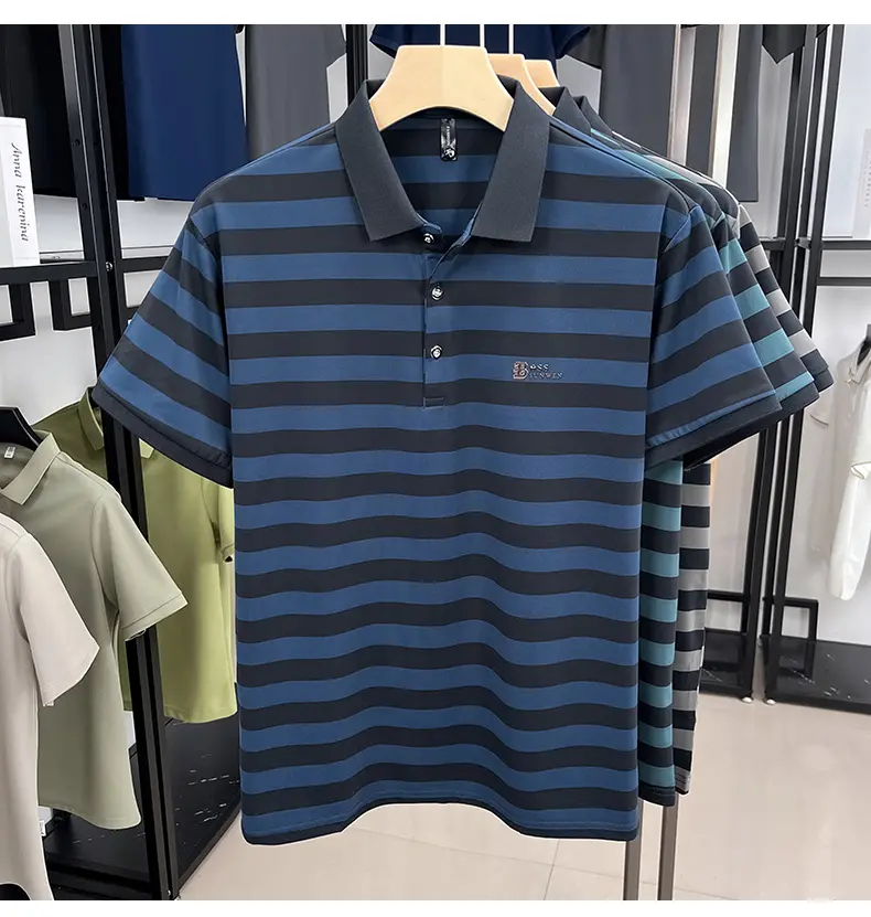 Luxury brand embroidered short sleeve polo shirt summer high-end silk lapel T-shirt trendy striped casual business men's wear