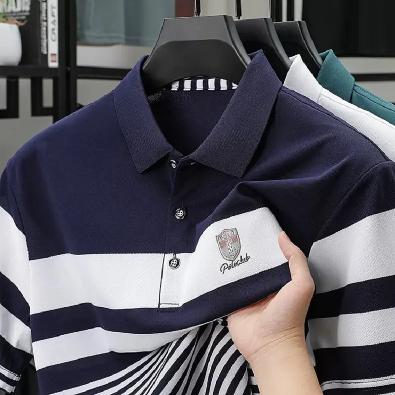High quality striped short sleeve polo shirt men's summer new T-shirt luxury brand pony embossed trendy color blocked lapel top