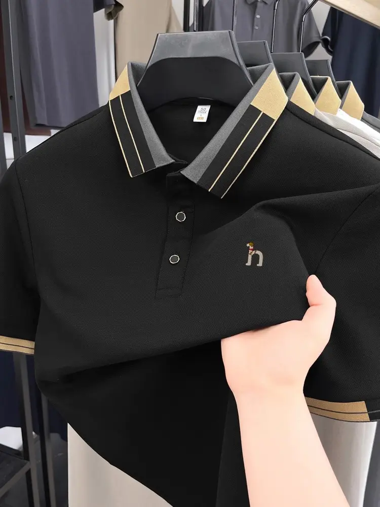 Luxury brand men's short sleeve polo shirt fashion cartoon dog embroidery summer casual breathable color blocked lapel T-shirt