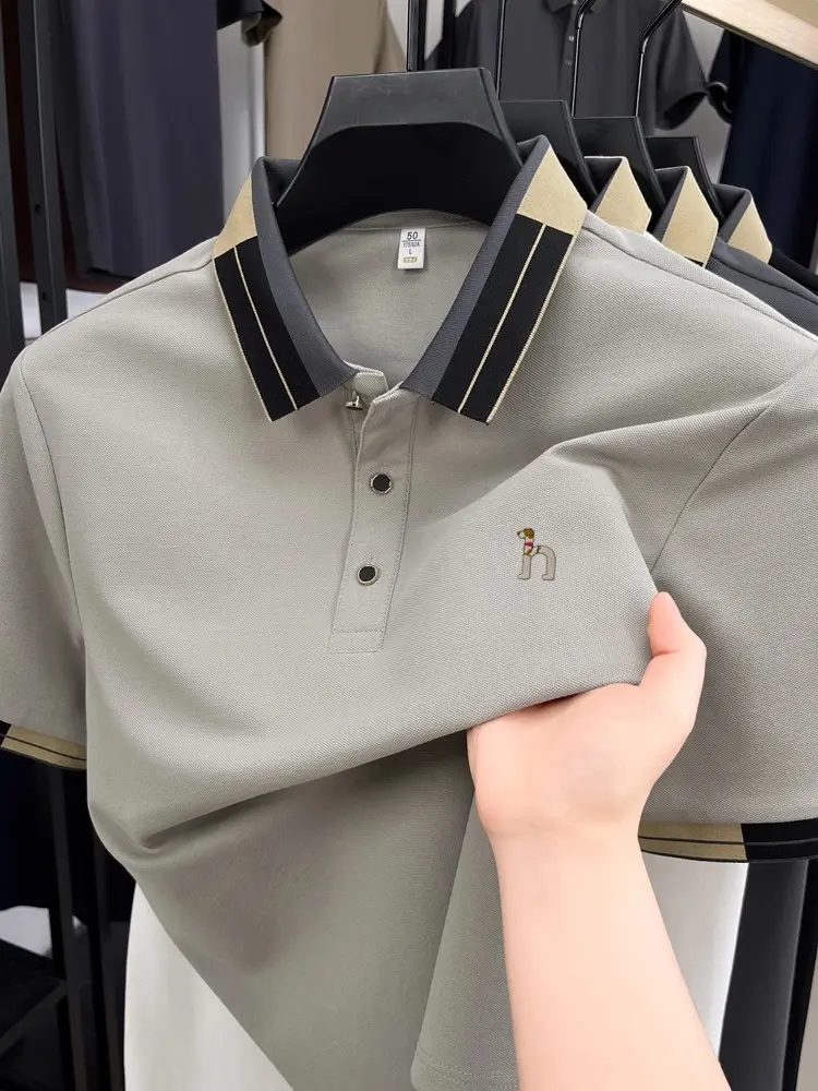 Luxury brand men's short sleeve polo shirt fashion cartoon dog embroidery summer casual breathable color blocked lapel T-shirt
