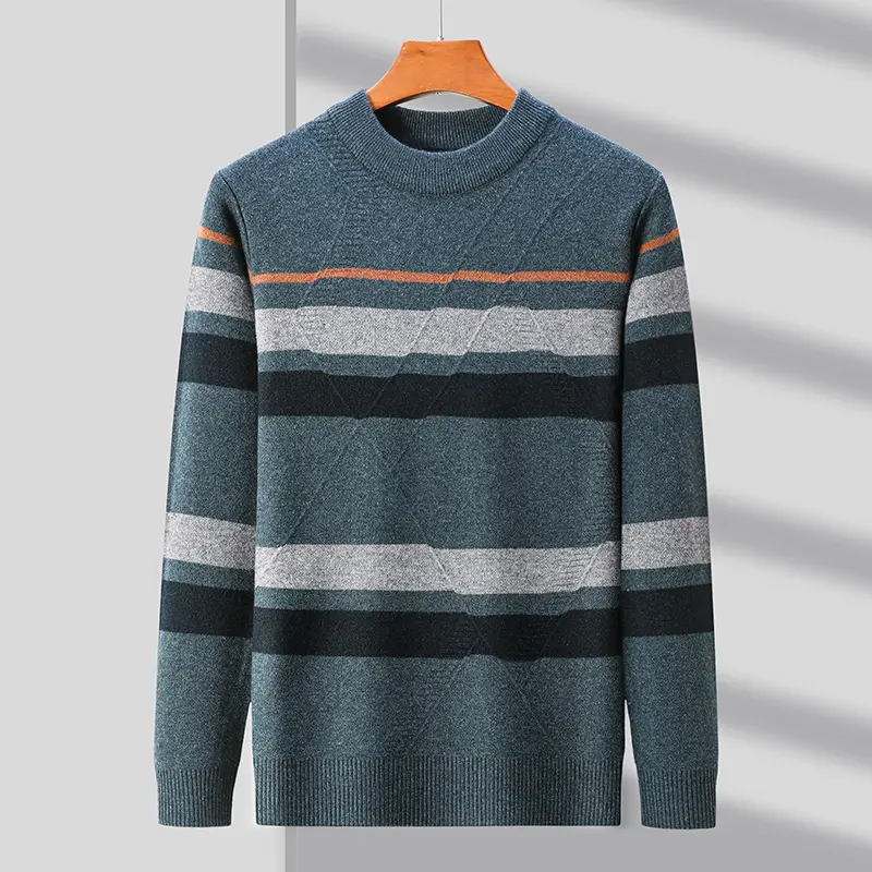 Luxury and fashionable color blocked striped sweater men's round neck  autumn and winter new casual warm thick knitted pullover