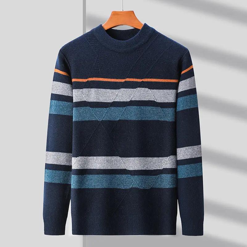 Luxury and fashionable color blocked striped sweater men's round neck  autumn and winter new casual warm thick knitted pullover