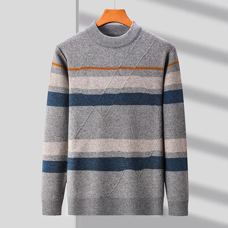 Luxury and fashionable color blocked striped sweater men's round neck  autumn and winter new casual warm thick knitted pullover