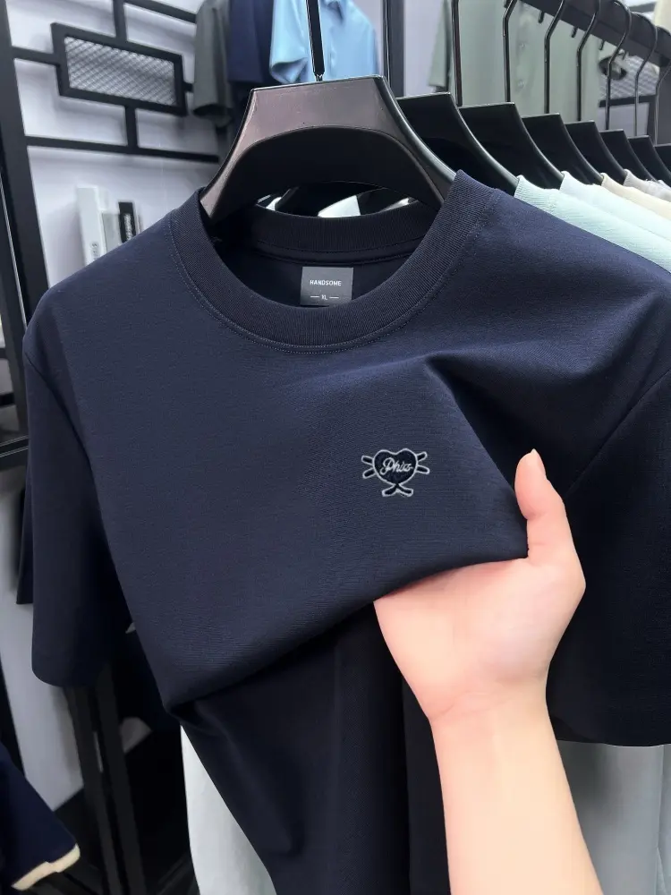 High quality ice silk cotton short sleeve T-shirt men high-end brand heart-shaped embroidery design summer casual round neck top