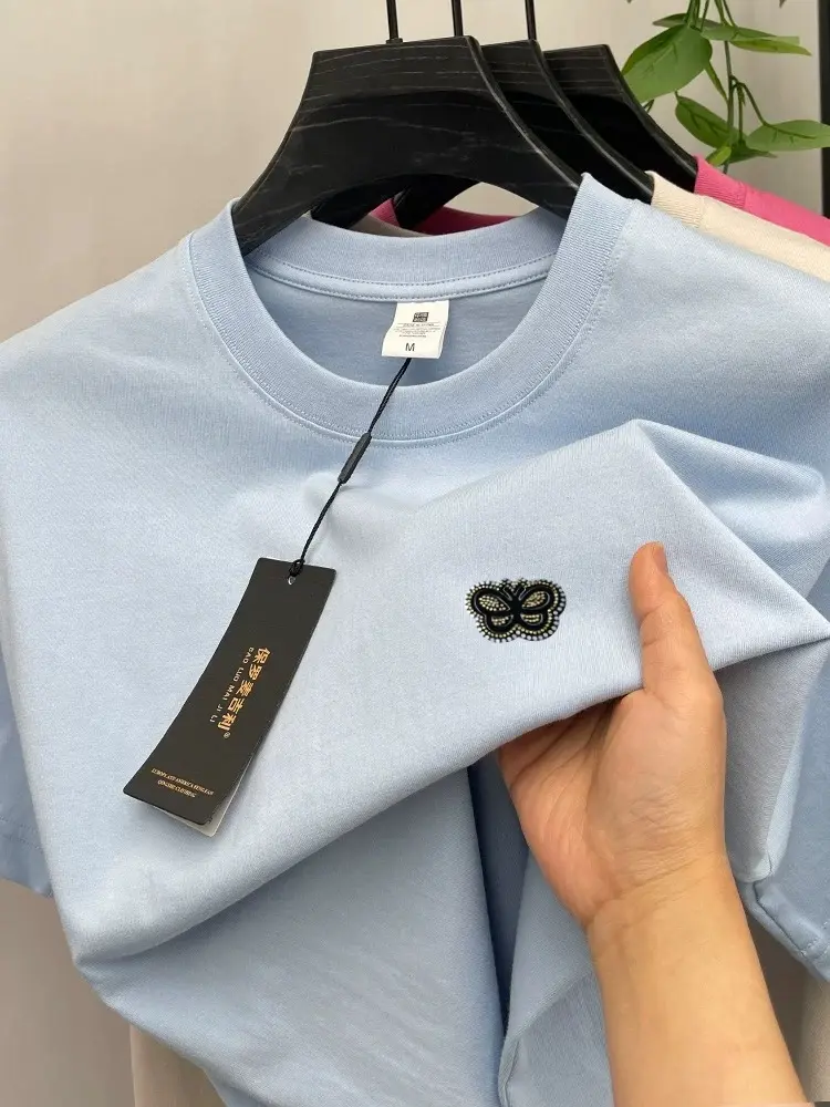 100% pure cotton short sleeve T-shirt men high-quality butterfly embossed fashionable breathable summer casual round neck top