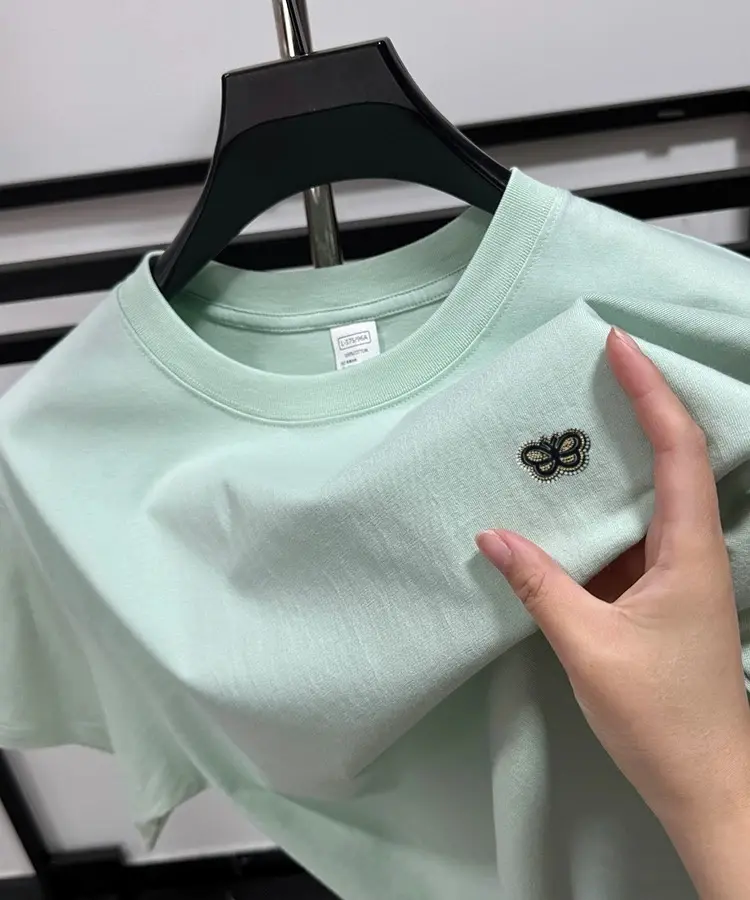 100% pure cotton short sleeve T-shirt men high-quality butterfly embossed fashionable breathable summer casual round neck top