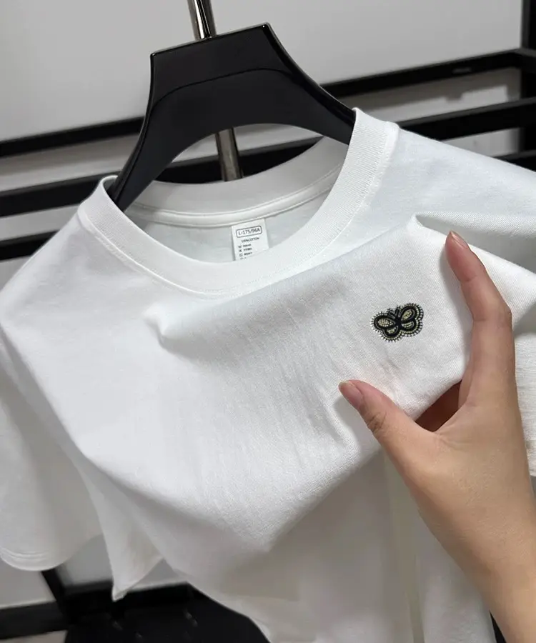 100% pure cotton short sleeve T-shirt men high-quality butterfly embossed fashionable breathable summer casual round neck top