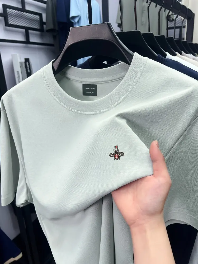 High end short sleeve T-shirt ice silk cotton fashionable and breathable men's brand bee embroidery summer casual round neck top