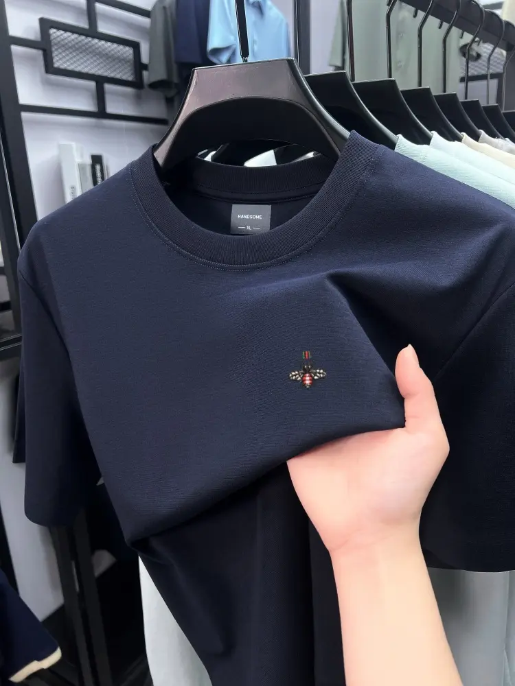 High end short sleeve T-shirt ice silk cotton fashionable and breathable men's brand bee embroidery summer casual round neck top
