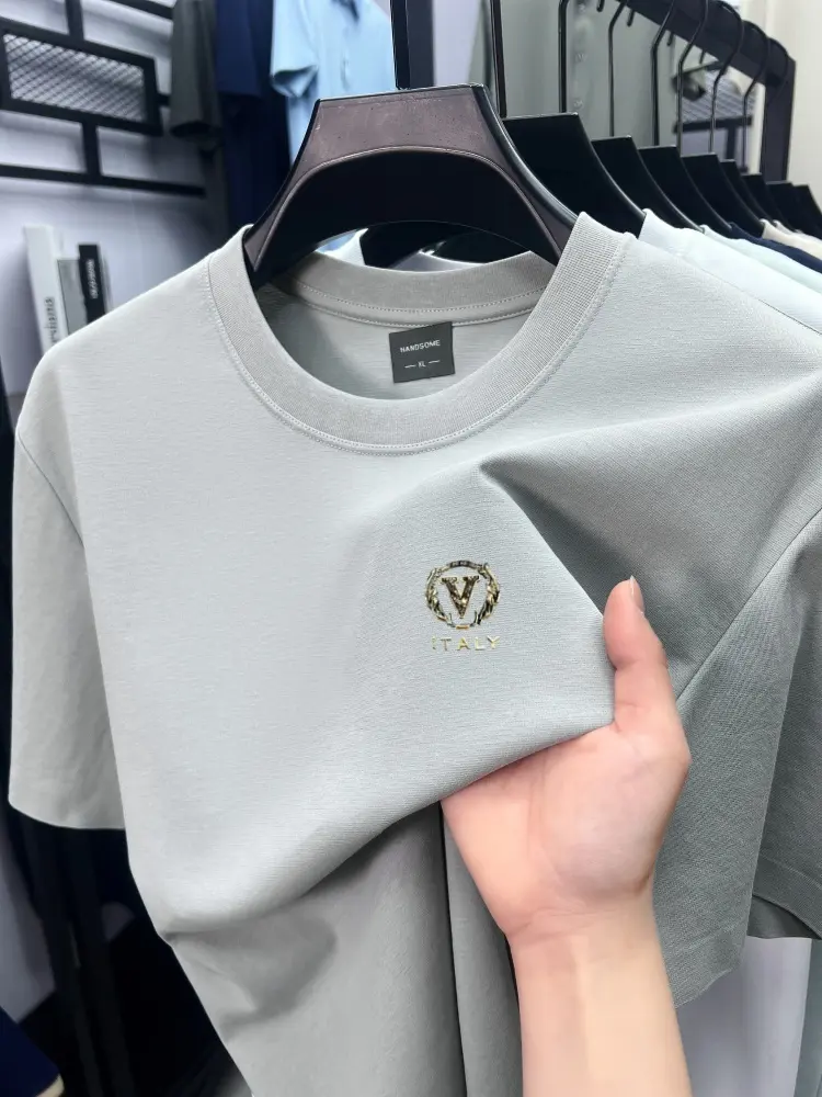 Luxury brand letter embossed short sleeve T-shirt men's high-end ice silk cotton summer breathable loose casual round neck top
