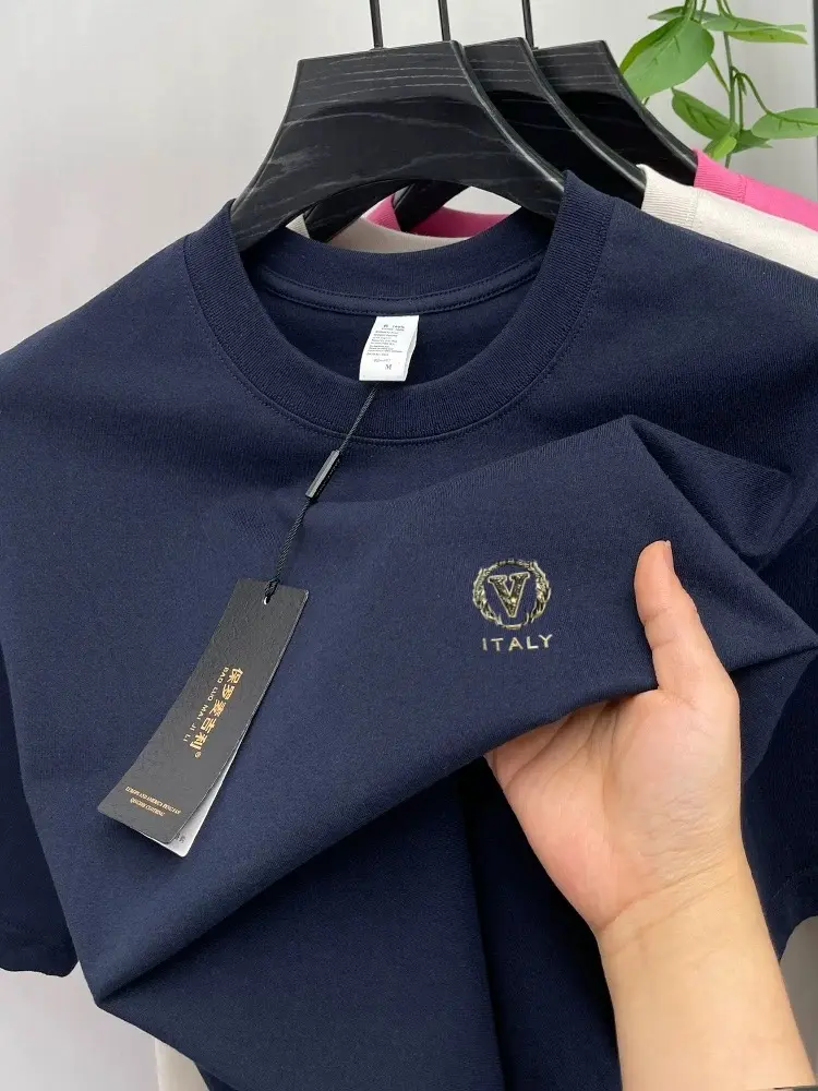 High quality100% cotton short sleeve T-shirt luxury brand letter embossed top Korean fashion casual round neck men's clothing