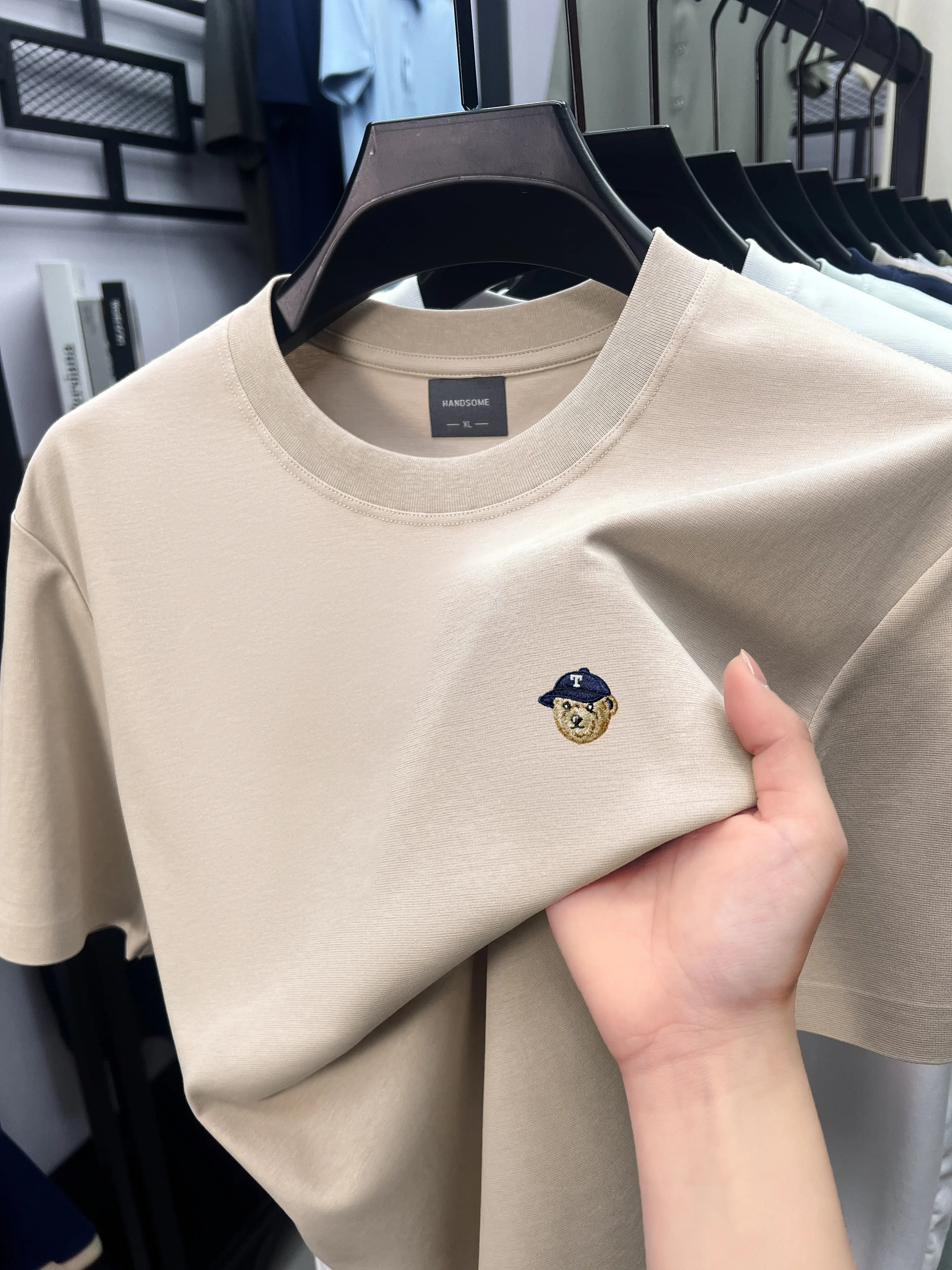 Luxury fashion short sleeve T-shirt men's ice silk cotton breathable summer brand bear embroidery youth casual round neck top