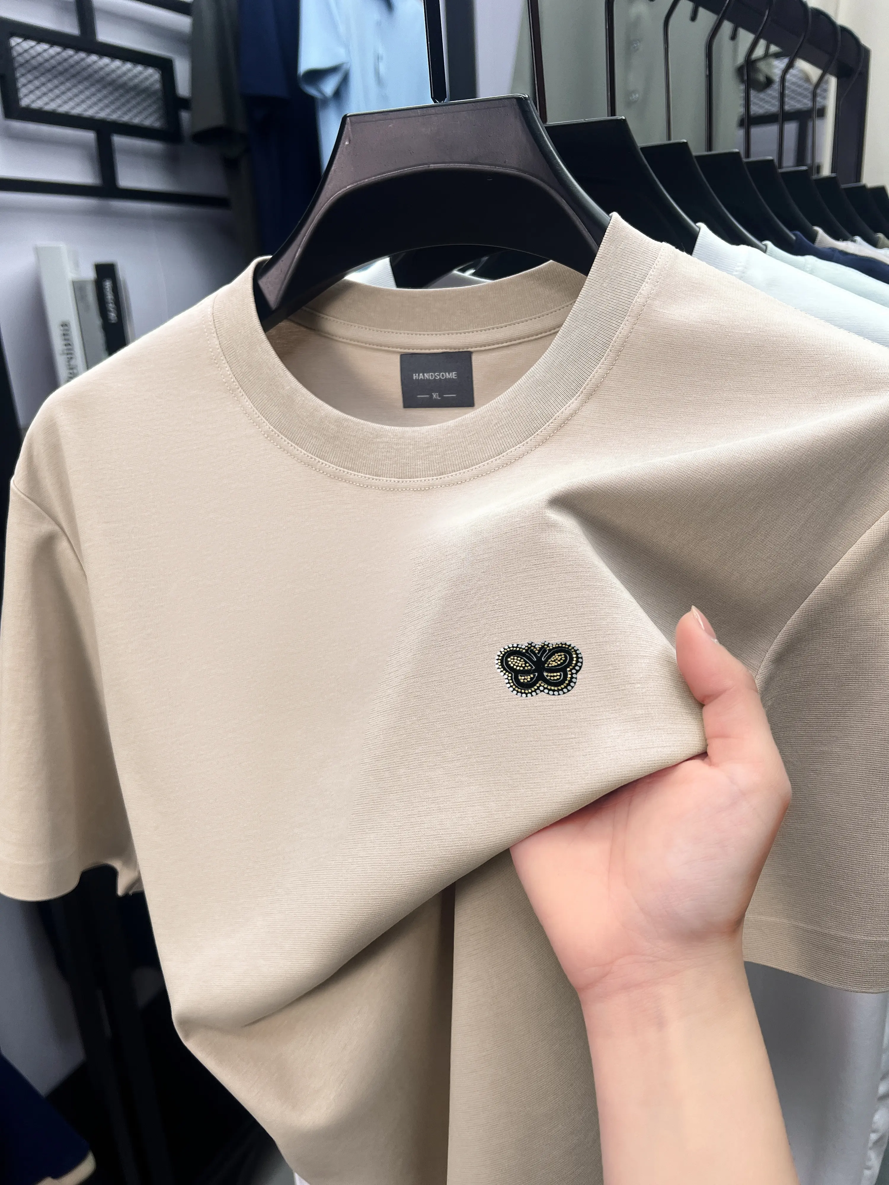 High quality ice silk cotton men short sleeve T-shirt cool breathable fashion brand butterfly print summer casual round neck top