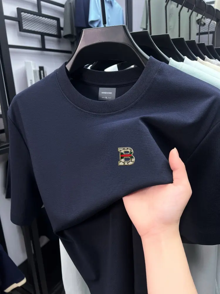 Brand letter design short sleeve T-shirt men's ice silk cotton cool and breathable 2025 summer new fashion casual round neck top