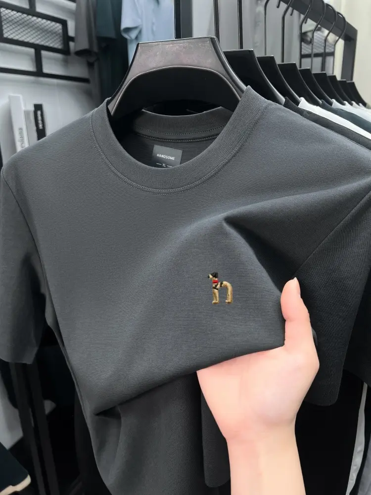 Luxury brand ice silk cotton short sleeve T-shirt men dog embroidery summer fashion breathable casual round neck solid color top