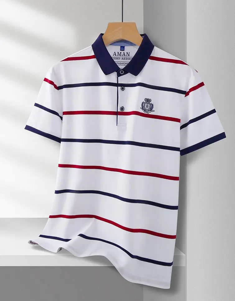 Fashion striped men's short sleeve polo shirt summer new luxury brand letter embroidery silky breathable high-quality T-shirt