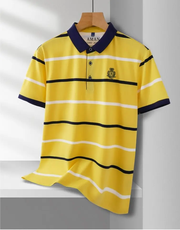 Fashion striped men's short sleeve polo shirt summer new luxury brand letter embroidery silky breathable high-quality T-shirt