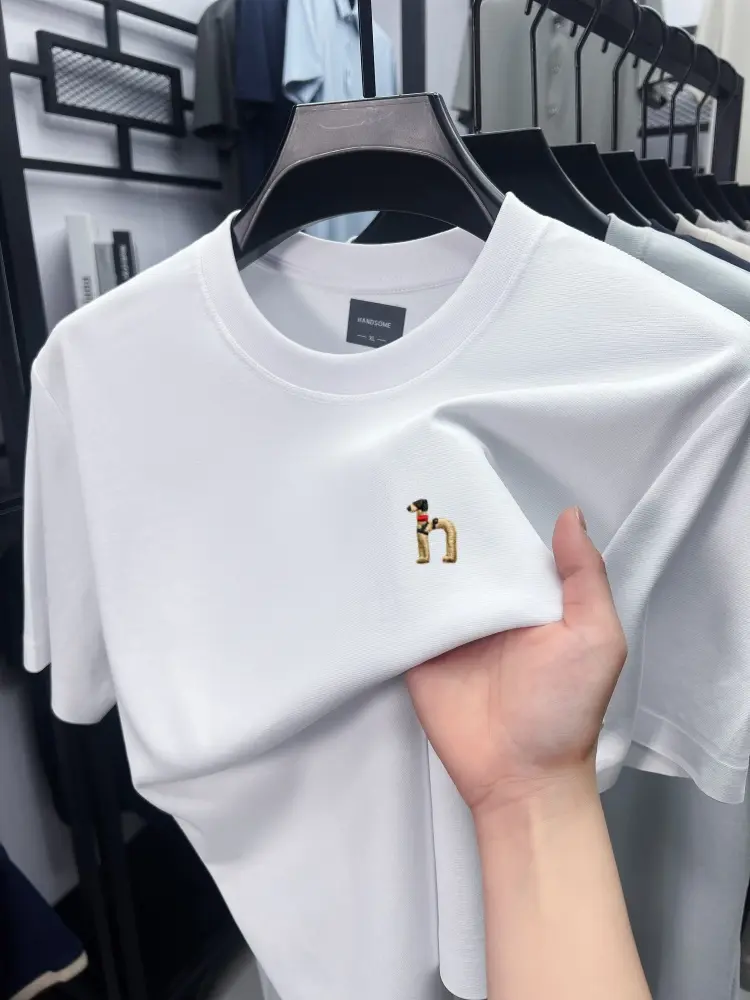 Luxury brand ice silk cotton short sleeve T-shirt men dog embroidery summer fashion breathable casual round neck solid color top