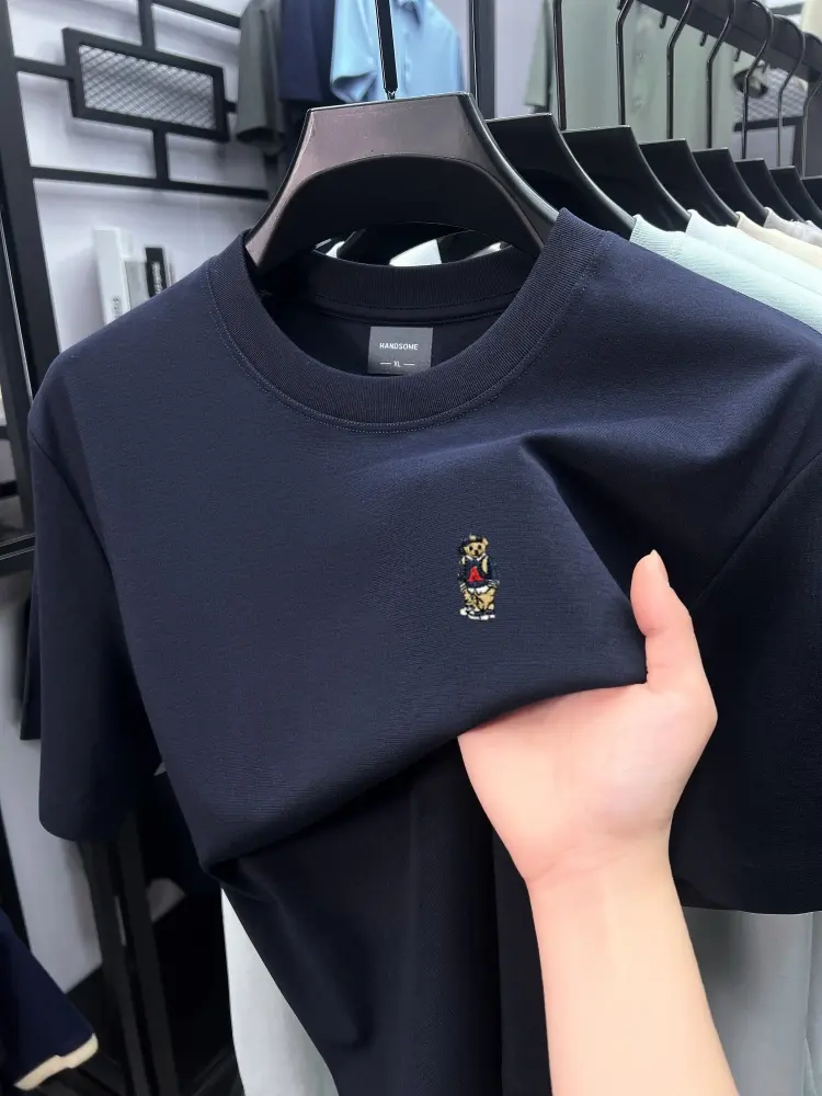 Luxury short sleeve T-shirt men brand teddy bear embroidery solid color ice silk cotton breathable summer casual round neck top