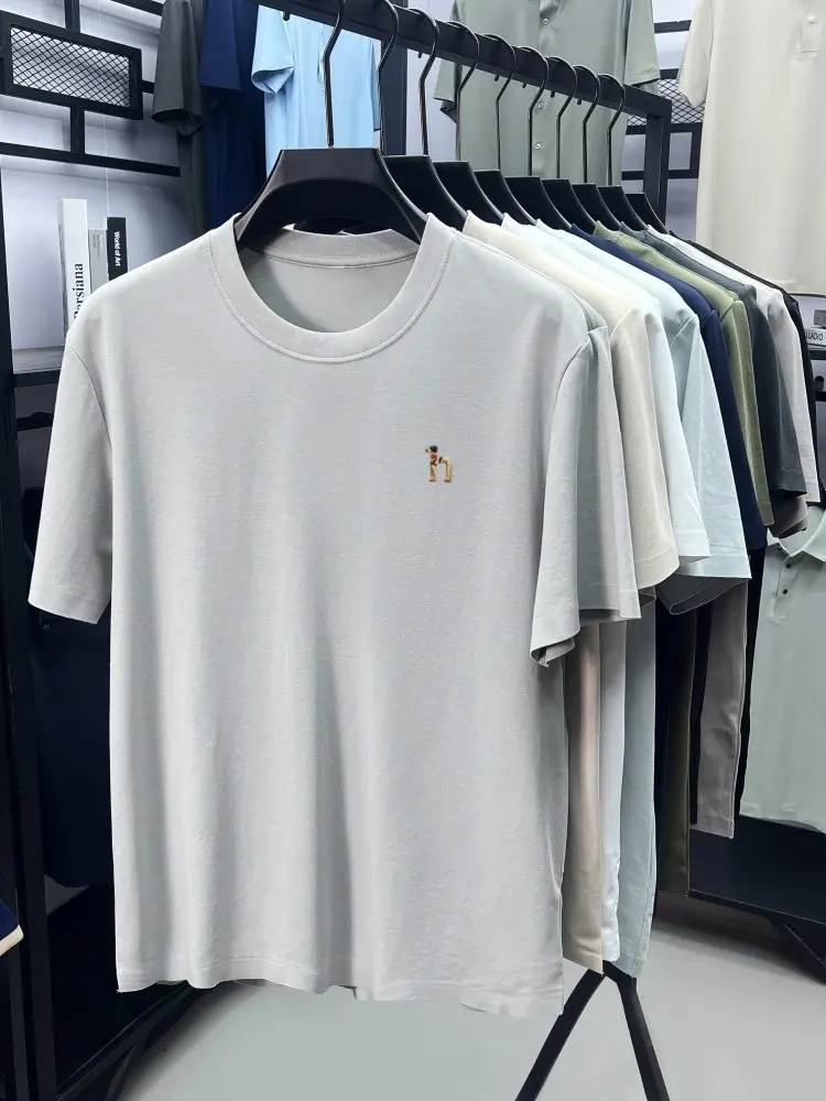 Luxury brand ice silk cotton short sleeve T-shirt men dog embroidery summer fashion breathable casual round neck solid color top