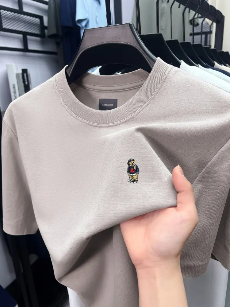 Luxury short sleeve T-shirt men brand teddy bear embroidery solid color ice silk cotton breathable summer casual round neck top