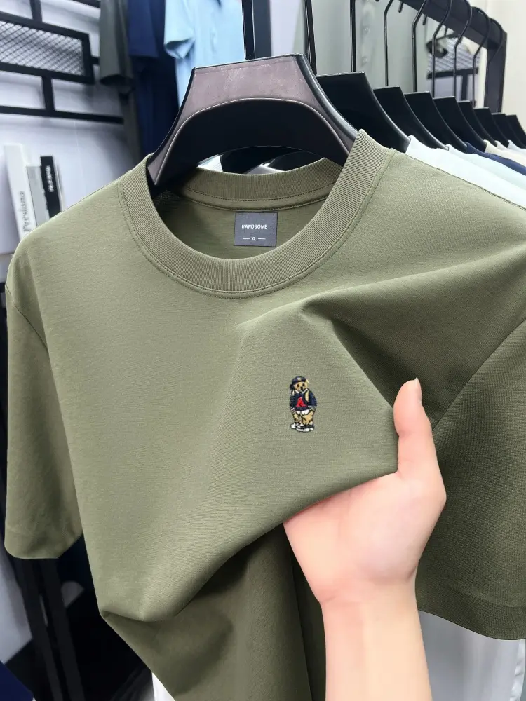 Luxury short sleeve T-shirt men brand teddy bear embroidery solid color ice silk cotton breathable summer casual round neck top