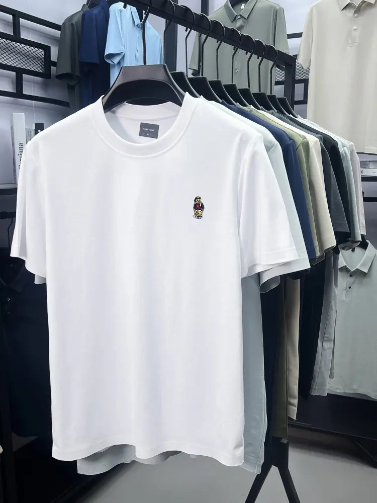 Luxury short sleeve T-shirt men brand teddy bear embroidery solid color ice silk cotton breathable summer casual round neck top