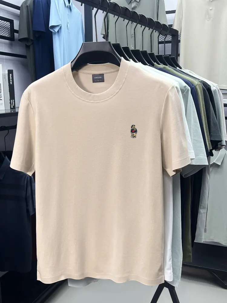 Luxury short sleeve T-shirt men brand teddy bear embroidery solid color ice silk cotton breathable summer casual round neck top