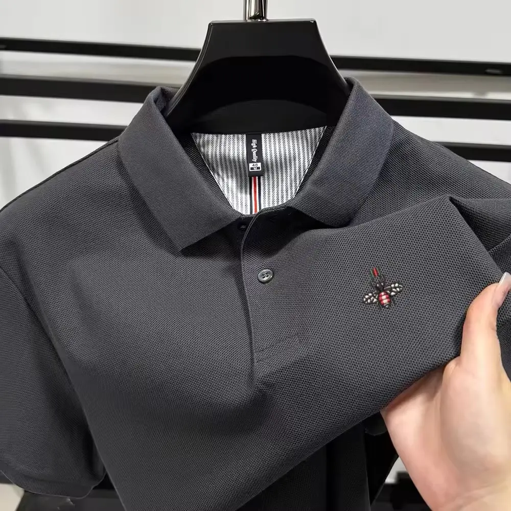 High quality pure cotton short sleeve polo shirt men's summer luxury brand bee embroidery solid color business casual T-shirt