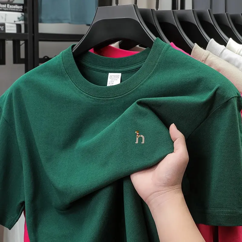 100% cotton cartoon dog embroidery short sleeve T-shirt fashion brand round neck solid color Korean style new casual men's wear