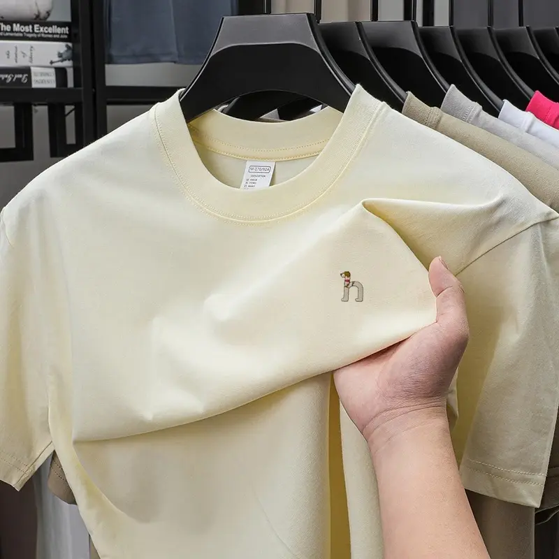 100% cotton cartoon dog embroidery short sleeve T-shirt fashion brand round neck solid color Korean style new casual men's wear