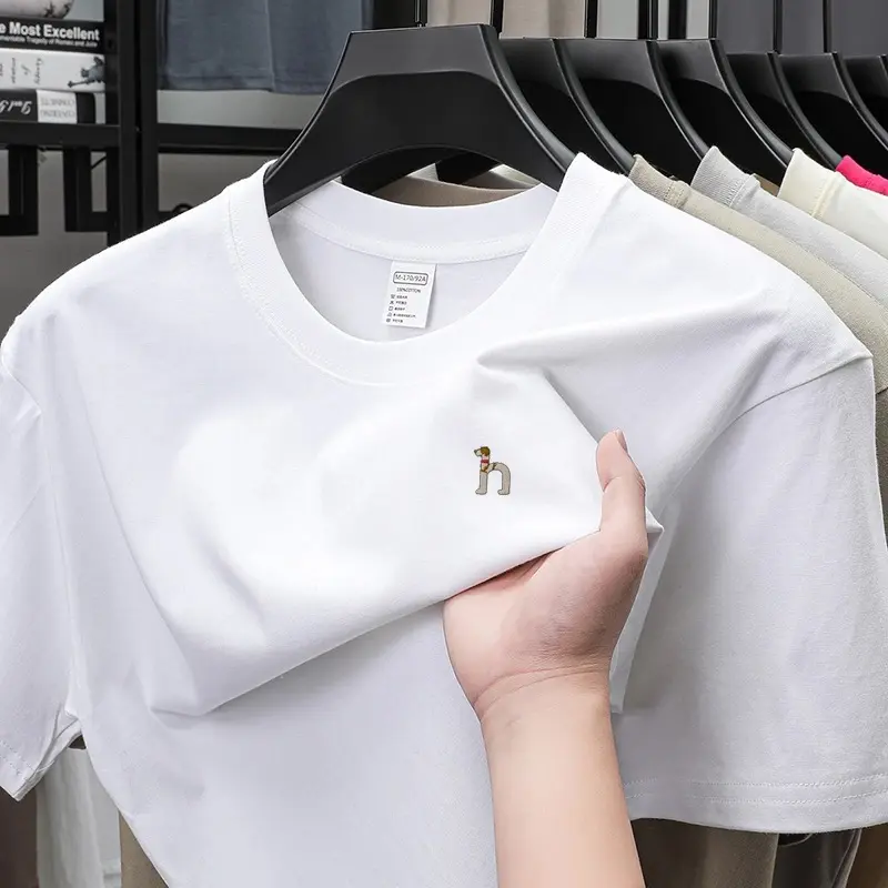 100% cotton cartoon dog embroidery short sleeve T-shirt fashion brand round neck solid color Korean style new casual men's wear