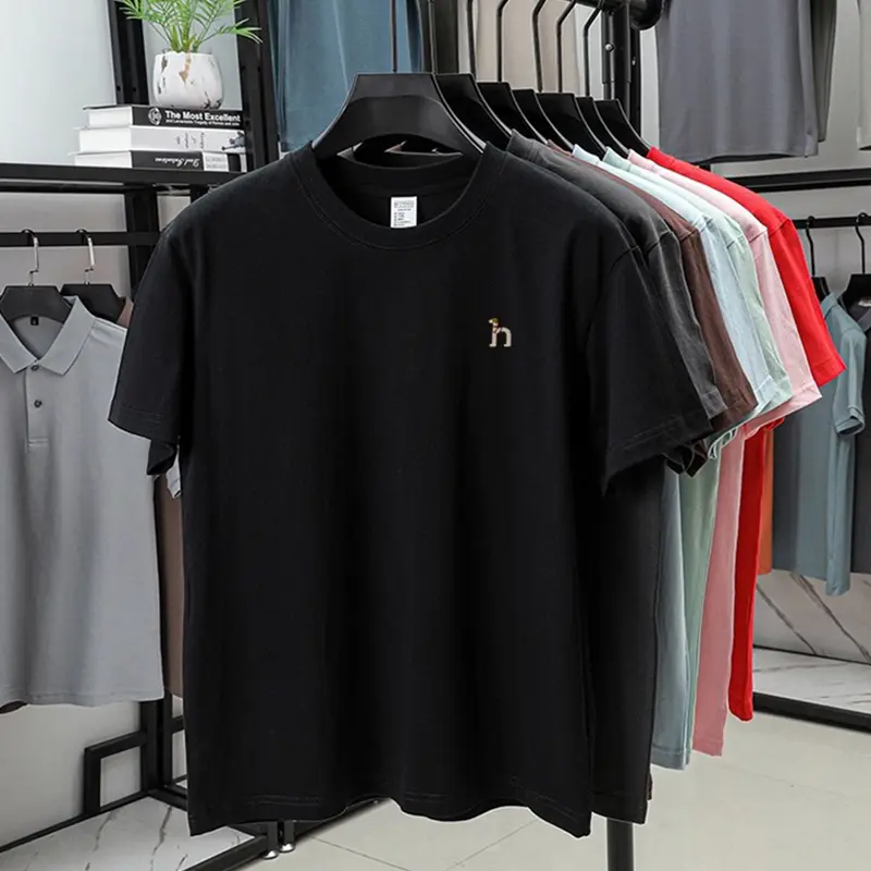 100% cotton cartoon dog embroidery short sleeve T-shirt fashion brand round neck solid color Korean style new casual men's wear
