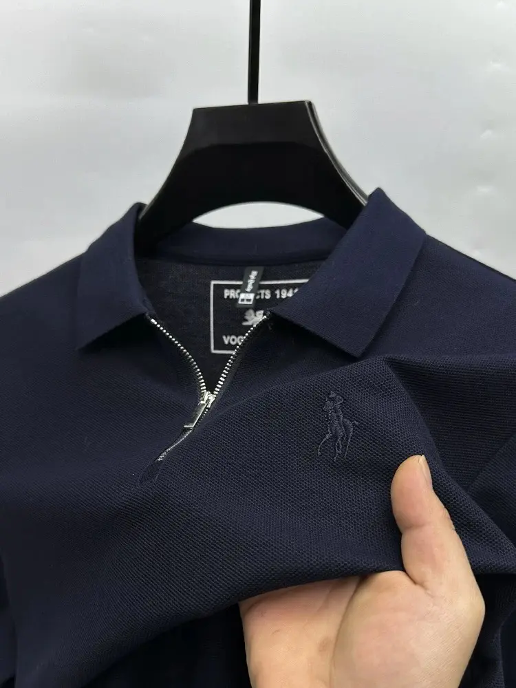 Personality half zipper lapel short sleeve T-shirt high end brand pony embroidery solid color summer breathable men's polo shirt