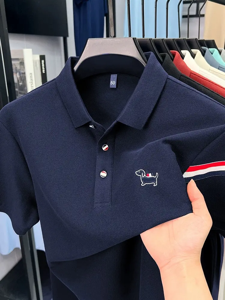 100% pure cotton fashion brand short sleeve polo shirt cute little dog embroidery stripe decoration soft comfort men's T-shirt