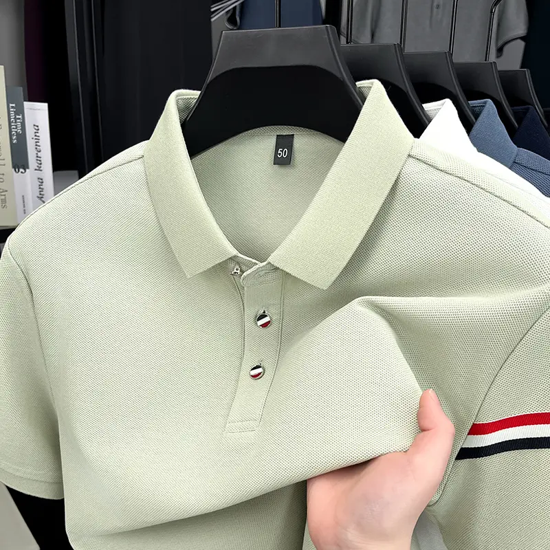Advanced 100% pure cotton men's short sleeve polo shirt soft comfort personality dual color stripe decoration fashion T-shirt